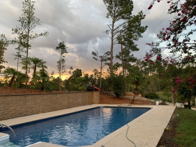A backyard pool with a concrete deck surrounded by trees and a sunset sky.