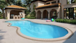 A kidney-shaped outdoor swimming pool with inflatable toys, surrounded by a tiled patio, adjacent to a house and a covered outdoor kitchen area.