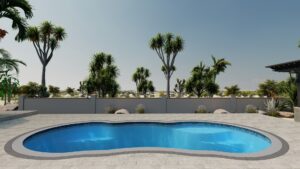 Lelani model fiberglass pool with vibrant blue water, surrounded by tropical landscaping and palm trees, showcasing Eco Landscaping Design's outdoor transformation services.