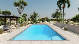 Rectangular outdoor swimming pool surrounded by palm trees, lounge chairs, and a shaded pergola in a landscaped area under a clear sky.