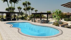 A clear blue swimming pool with submerged seating, surrounded by a tiled deck, lounge areas, pergolas, palm trees, and desert landscaping.