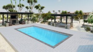 Wylela model pool design featuring a rectangular shape, surrounded by modern hardscaping, outdoor seating areas, and lush landscaping, showcasing Eco Landscaping Design's outdoor transformation services.