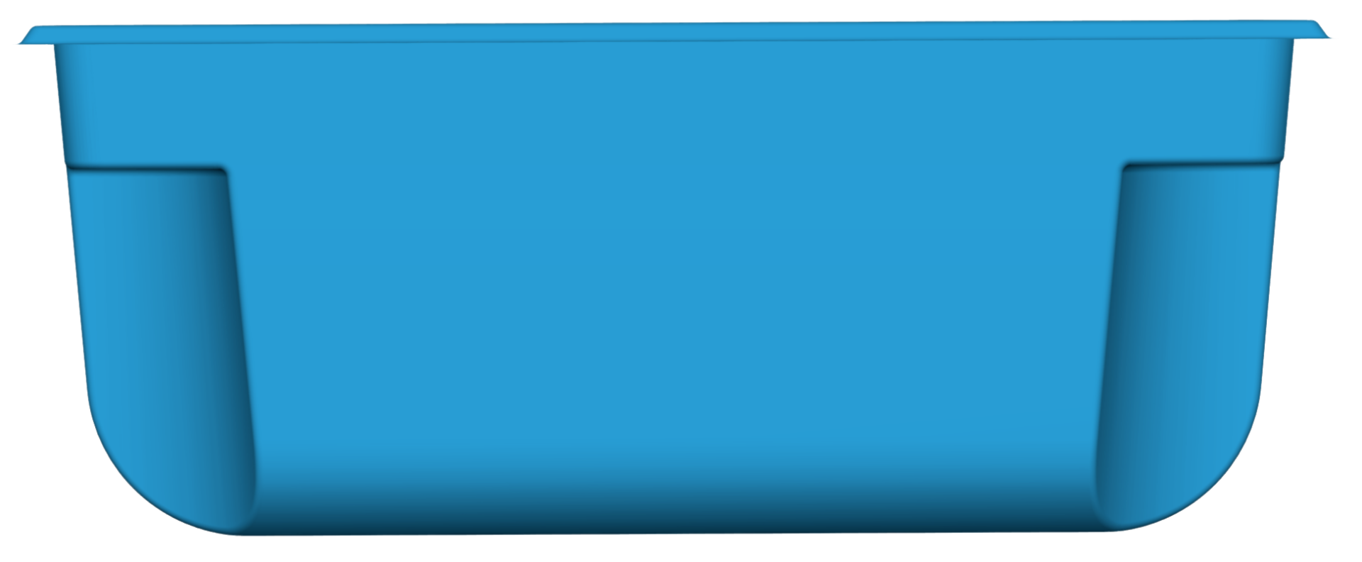 A blue rectangular plastic storage bin viewed from the side, showing indented handles on both sides.