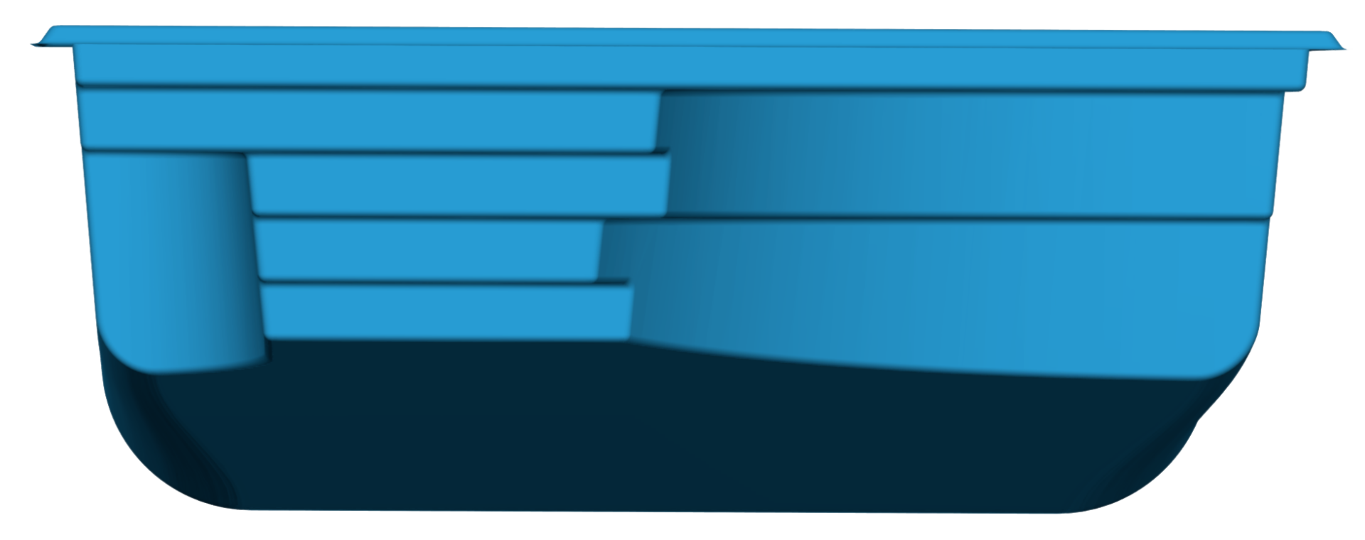 Side view of a blue rectangular swimming pool with three built-in steps on the left side.
