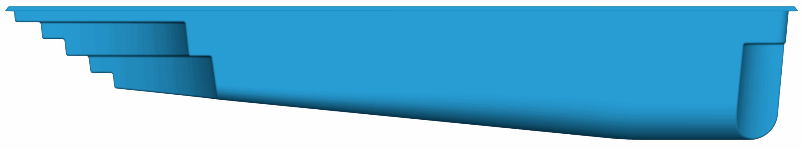 Cross-sectional side view of a blue rectangular swimming pool with stepped entry on the left and a sloped floor descending to the right.
