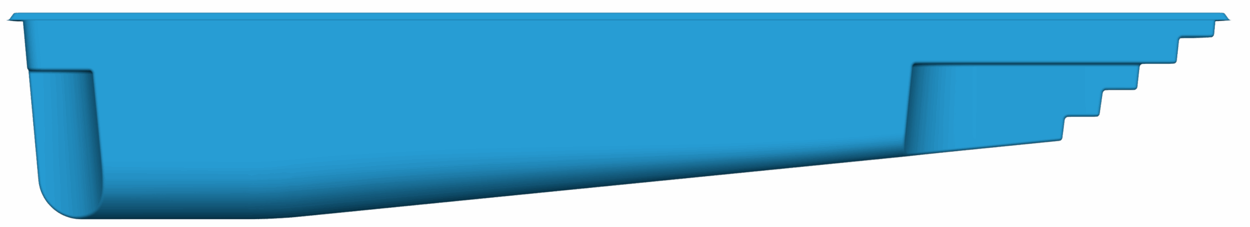 A blue, rectangular tray or container with one side sloped and stepped, viewed from the side against a white background.