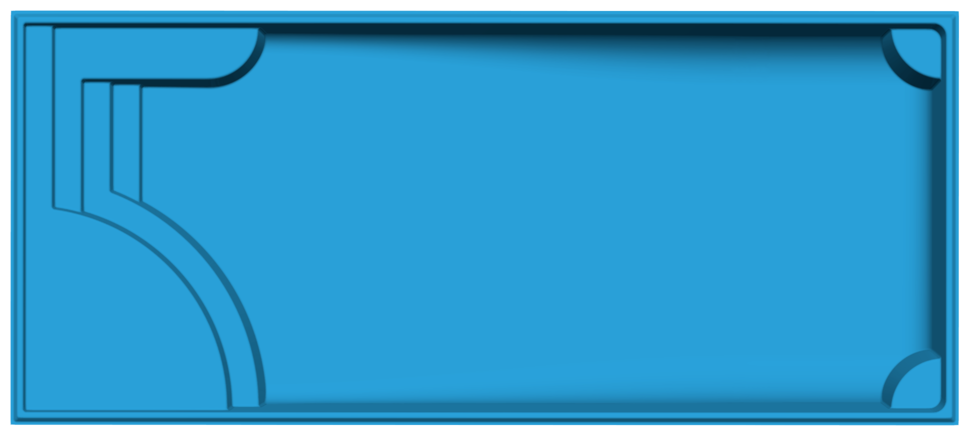 Blue rectangular tray with rounded and squared internal corners, featuring two curved grooves and a raised rectangular section on the left side.