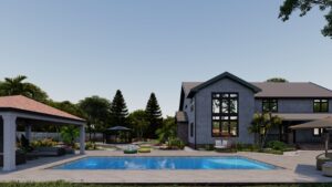 A modern two-story house with large windows, surrounded by trees and gardens, features a swimming pool and outdoor seating areas under clear skies.