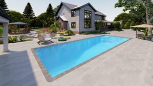 A modern house with large windows and a backyard featuring a rectangular swimming pool, lounge chairs, a hanging chair, and surrounding landscaping.