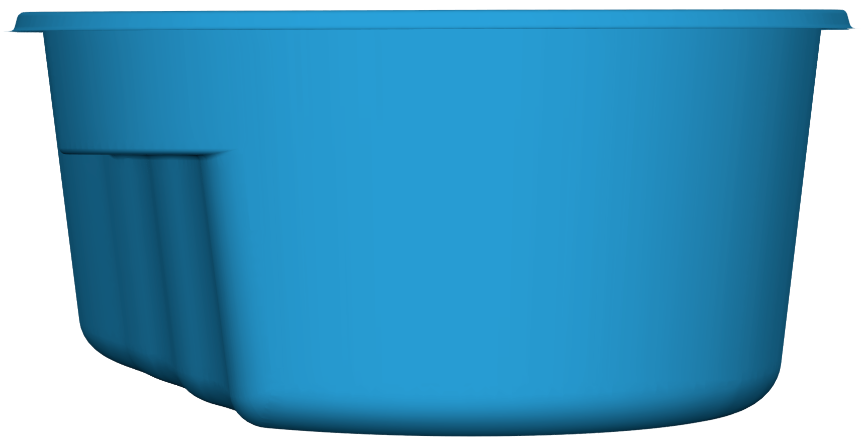 Lelani fiberglass pool model showcasing a vibrant blue design, highlighting dimensions and specifications relevant to Eco Landscaping Design's pool installation services.