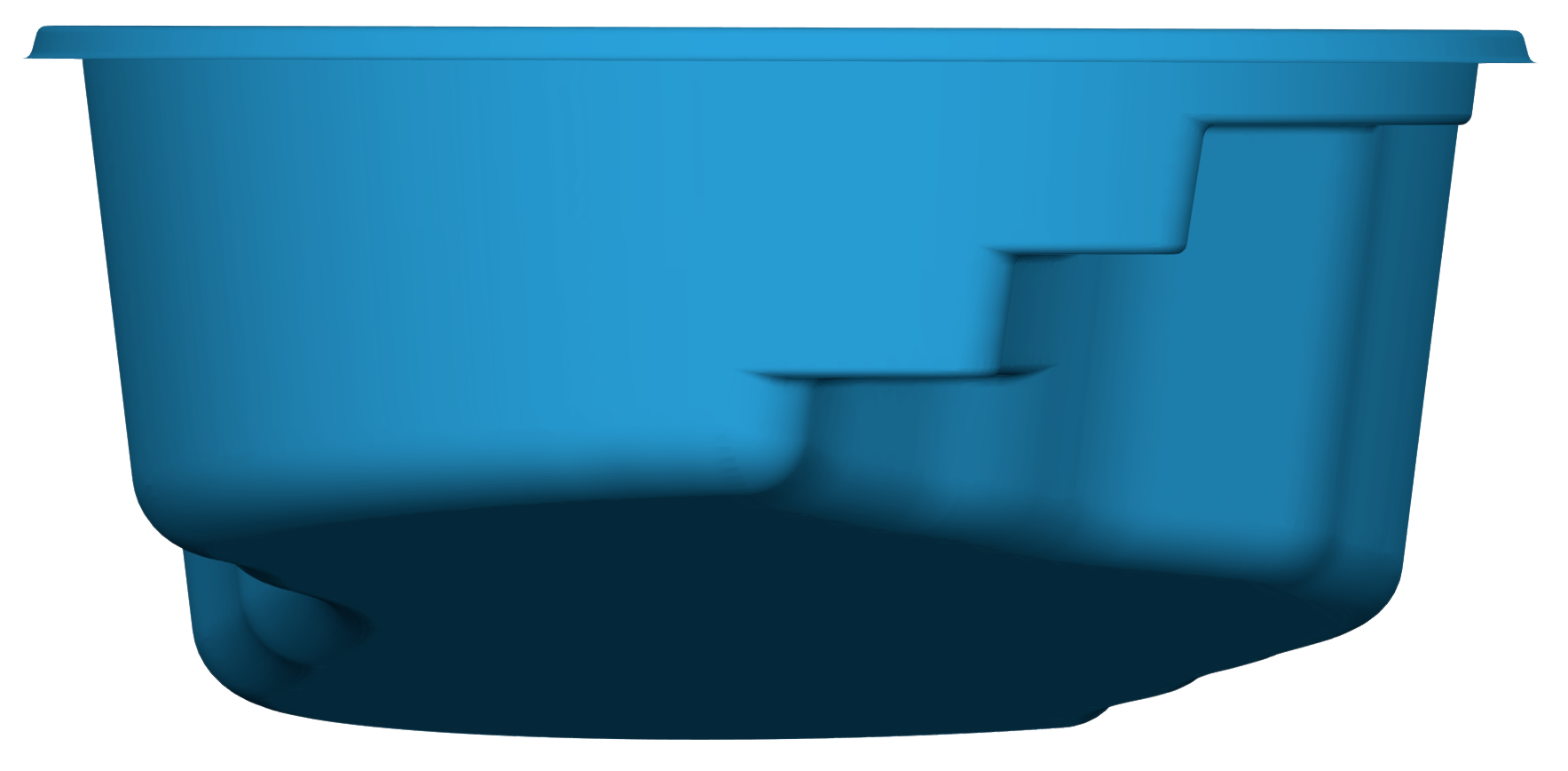 Lelani fiberglass pool model showcasing dimensions and design features, emphasizing outdoor transformation and landscaping services by Eco Landscaping Design.