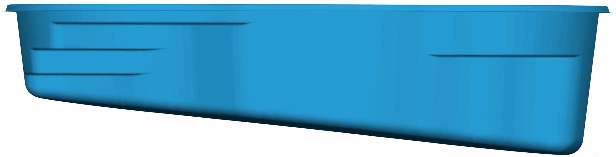 Lelani model fiberglass pool design showcasing dimensions and sleek blue finish, relevant to Eco Landscaping Design's pool installation services.