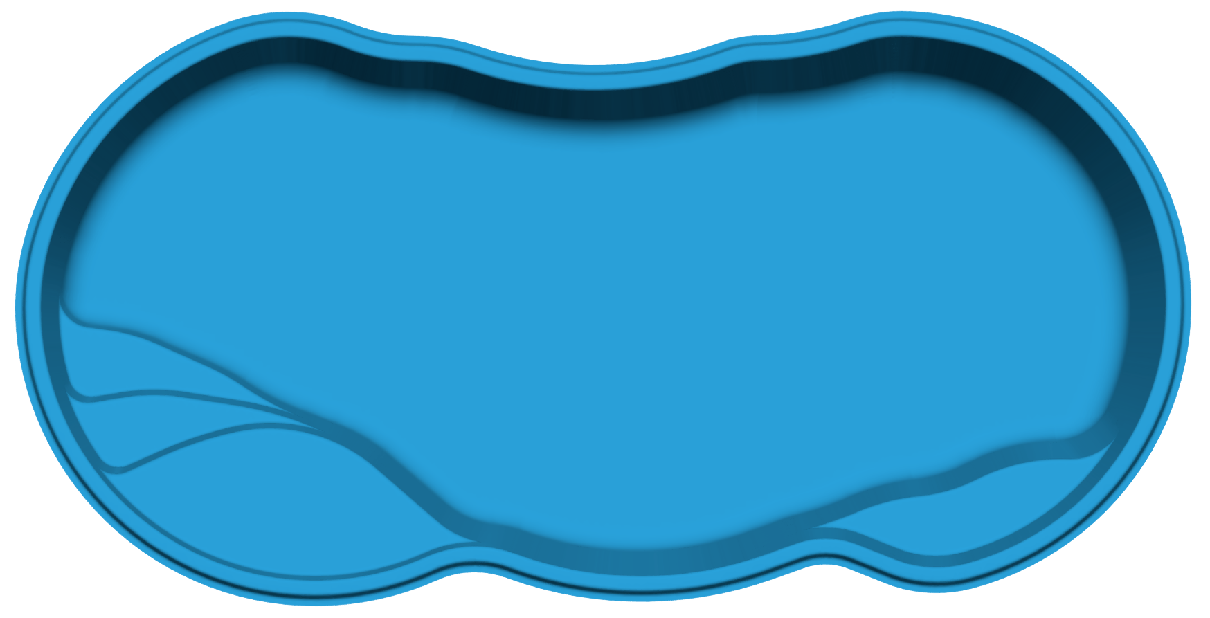 Lelani model fiberglass pool design, showcasing a vibrant blue color and organic shape, highlighting specifications for pool installation by Eco Landscaping Design.