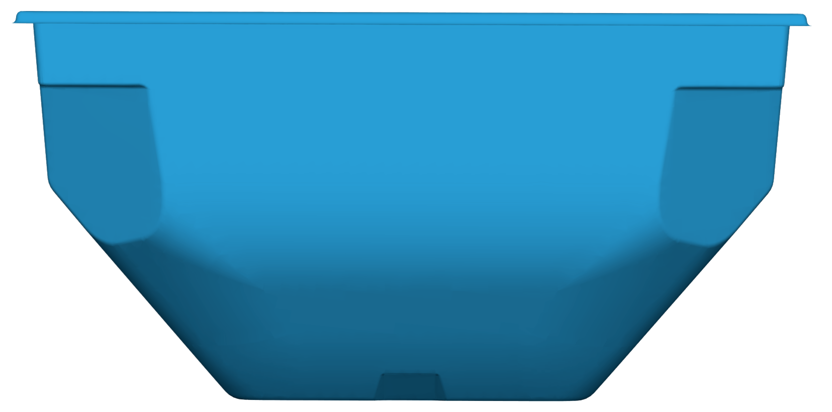 Blue plastic container viewed from the side, showing a wide top opening that tapers down to a smaller base with subtle indented sections on each side.