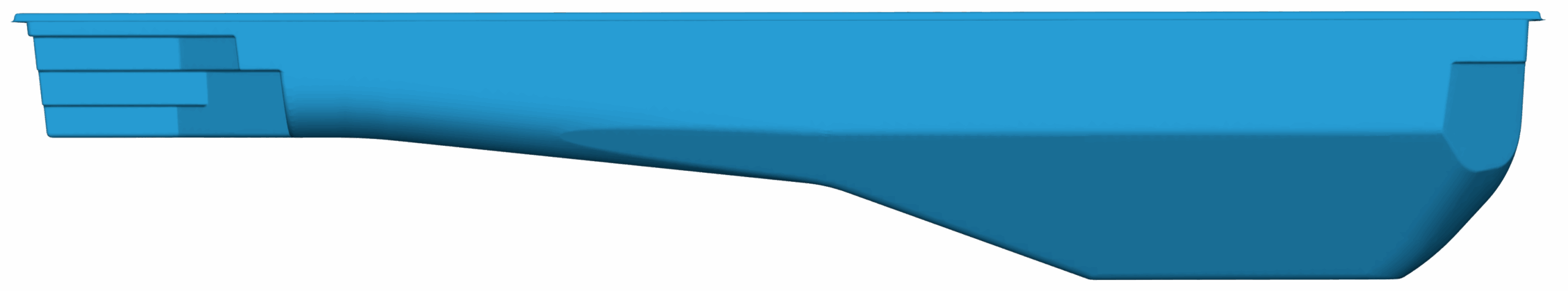 A blue, side-view illustration of a molded plastic container or tray with rectangular edges on the left and a curved section on the right.