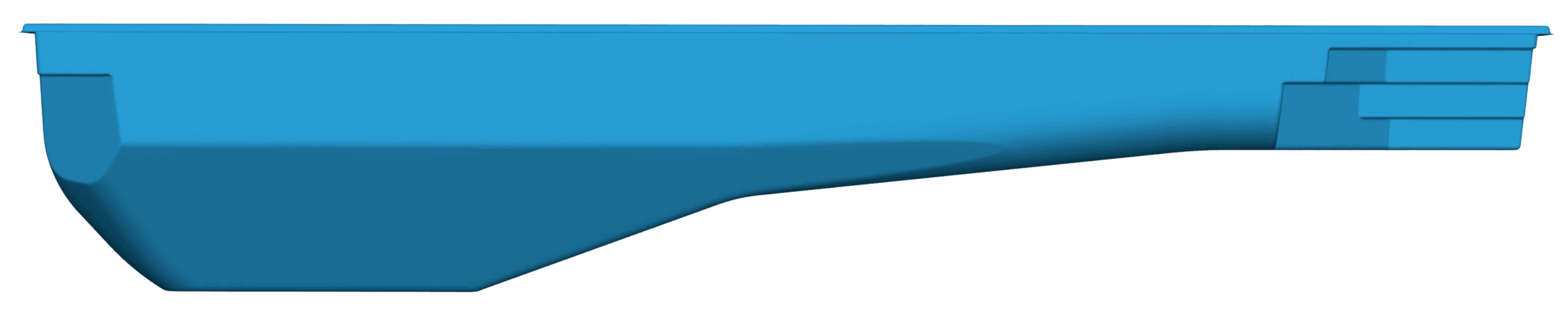 Side view of a blue, rectangular plastic object with a sloped bottom and raised sections on the right end.