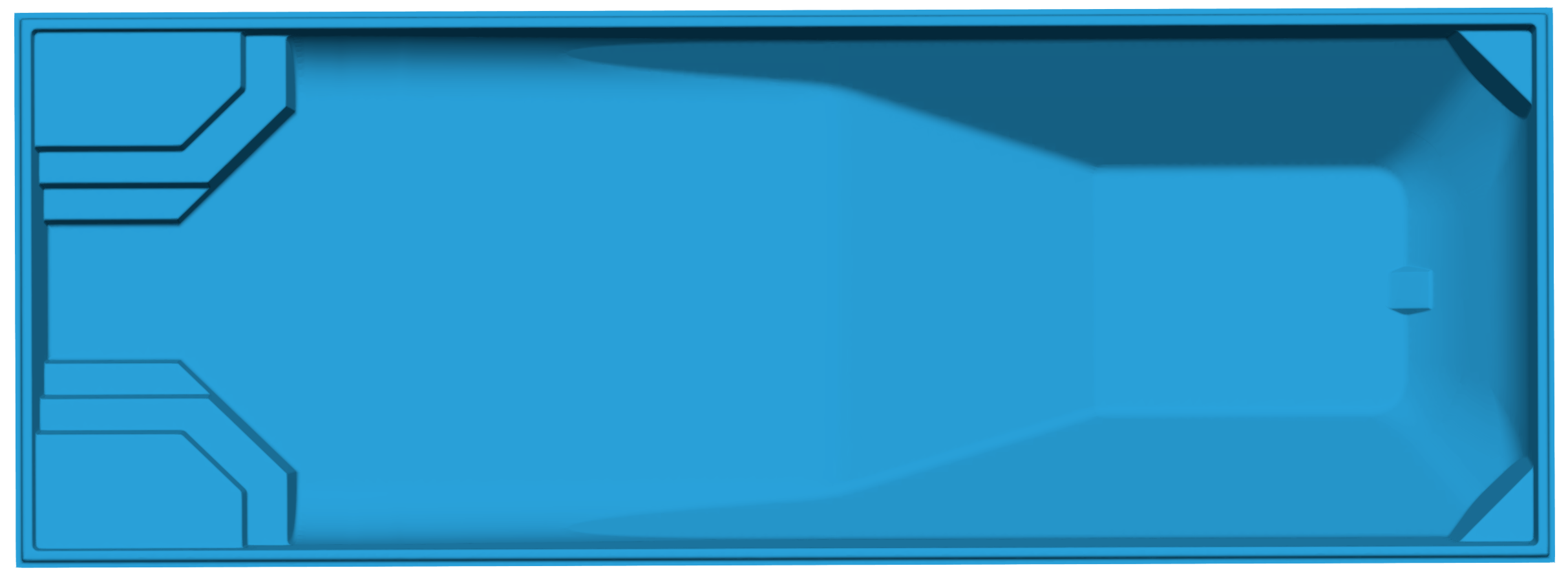 Rectangular blue swimming pool viewed from above with steps at one end and a deep section at the opposite end.