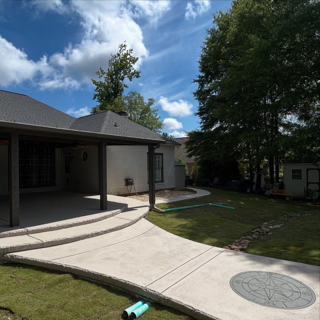 A backyard with a covered patio, concrete walkway, circular compass design on the pavement, new sod, and trees along the fence under a partly cloudy sky.