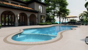 Modern house with large windows and a tiled patio features a kidney-shaped outdoor swimming pool, surrounded by trees and lounge area with table and chairs under a beige umbrella.