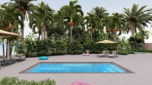 Wylela model pool surrounded by lush greenery, featuring sun loungers, umbrellas, and colorful pool floats, illustrating Eco Landscaping Design's outdoor transformation services.