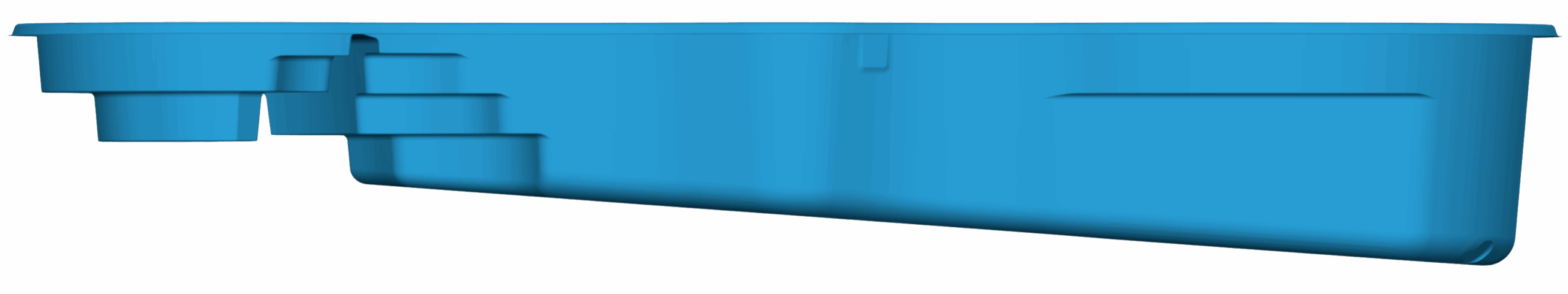 Side view of a blue plastic container with stepped interior sections and smooth outer walls.