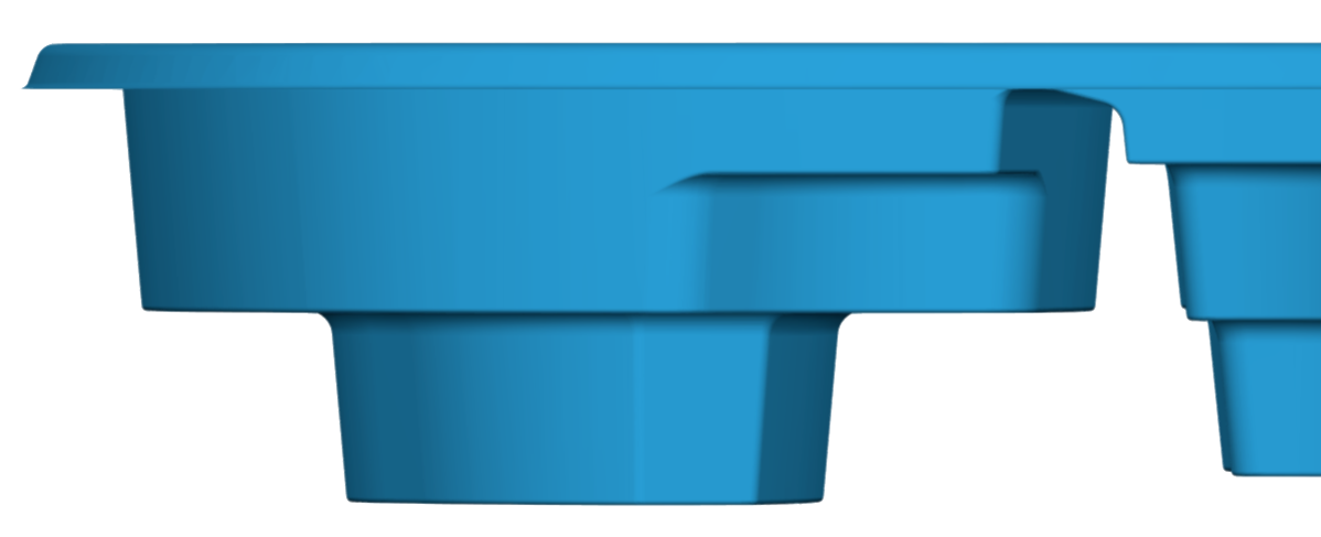 Blue plastic ice cube tray viewed from the side, showing the profile of two compartments with one raised section.