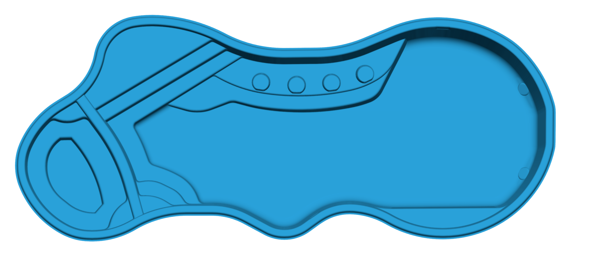 Blue, irregularly shaped pool design with clearly defined shallow and deep areas, built-in steps, and circular seating features visible on the left side.