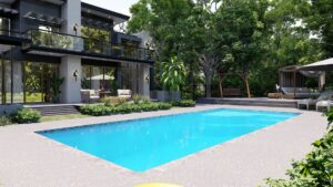 A modern house with large windows overlooks a rectangular swimming pool, surrounded by trees, plants, a swing, lounge chairs, and a canopy seating area.