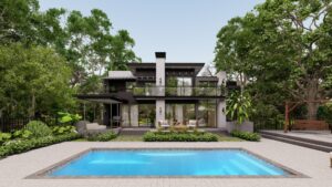 Modern backyard featuring the Wylela model pool, surrounded by lush greenery and a stylish home, showcasing eco-friendly landscaping design.