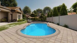 Lelani model fiberglass pool with a vibrant blue interior, surrounded by a landscaped patio, showcasing outdoor living space transformation by Eco Landscaping Design.
