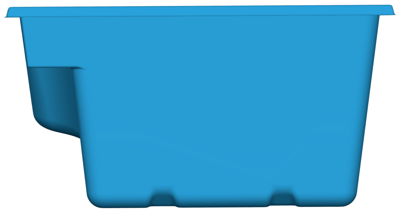 Wylela model fiberglass pool in vibrant blue, showcasing dimensions and specifications for outdoor transformation by Eco Landscaping Design.