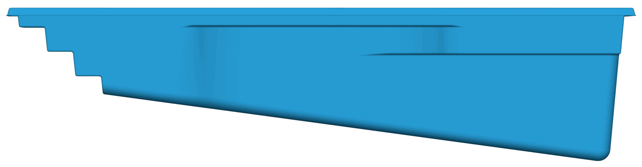 Wylela model fiberglass pool design in vibrant blue, showcasing dimensions for outdoor transformation by Eco Landscaping Design.