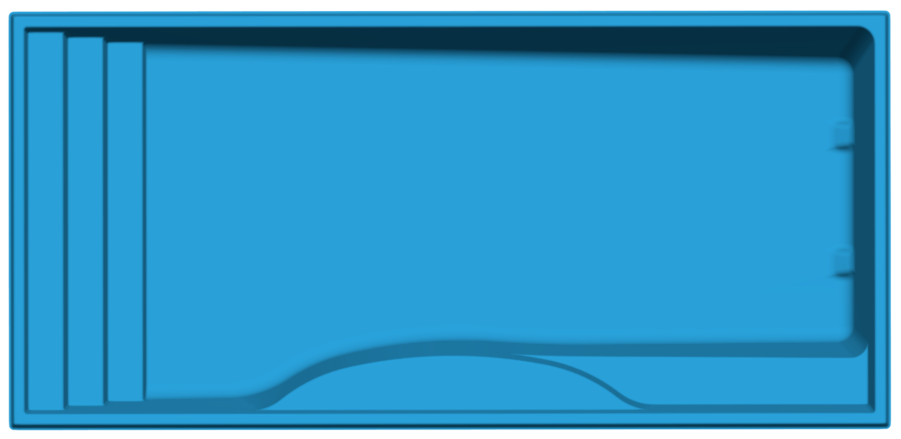 Wylela model fiberglass pool design with dimensions 12' x 25' and depth of 6' 1", showcasing a sleek blue finish, ideal for eco-friendly landscaping and outdoor transformations.