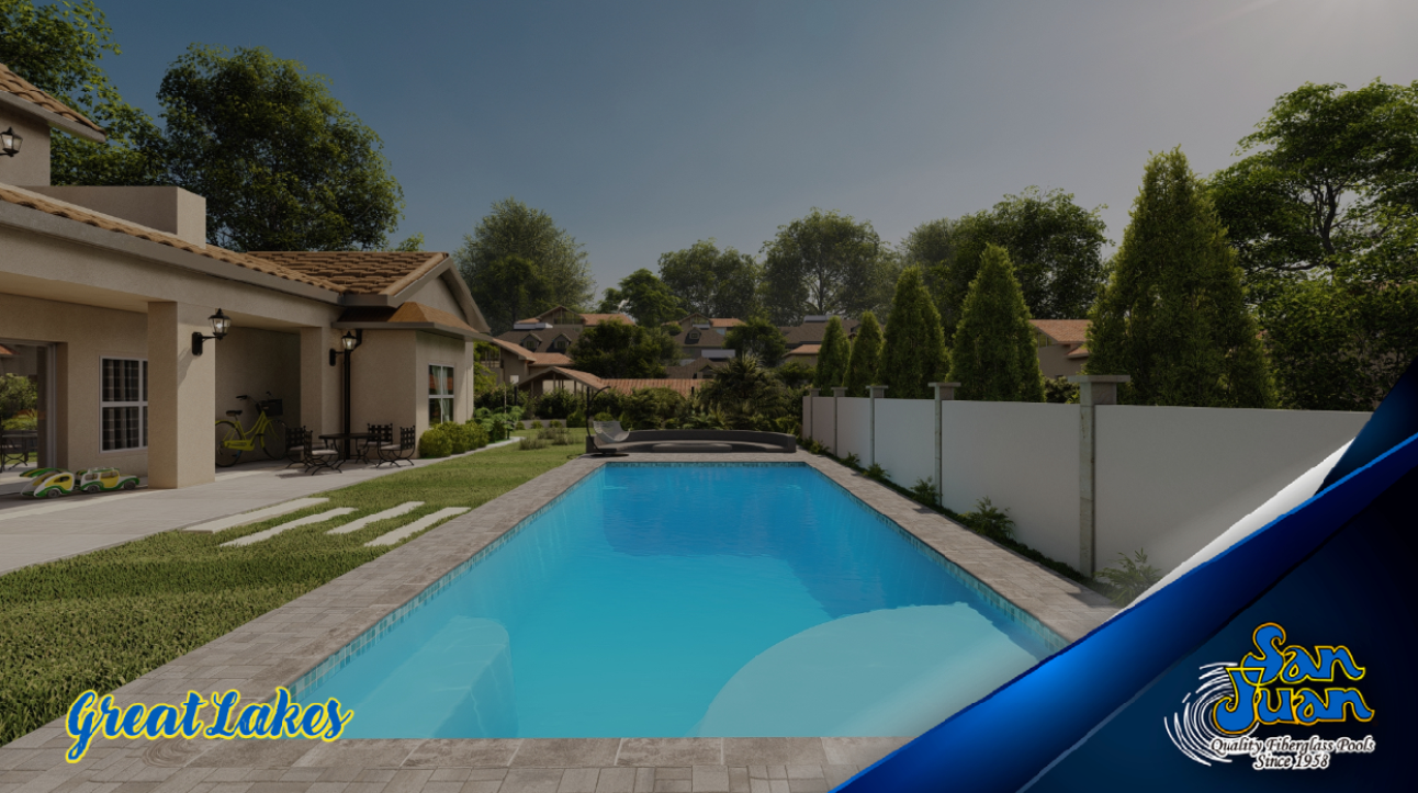 Rectangular backyard swimming pool with clear blue water beside a house, surrounded by greenery and a white fence, under a sunny sky. "Great Lakes" and "San Juan" logos are visible.