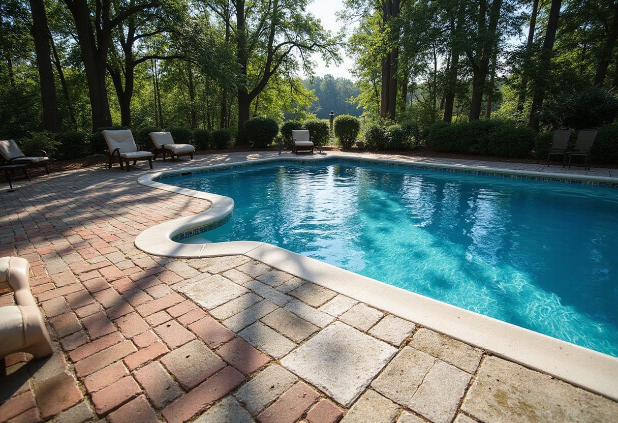Outdoor swimming pool surrounded by brick and stone decking, with lounge chairs and trees in the background on a sunny day.