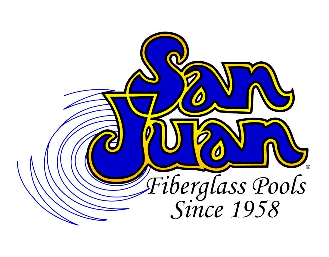 Logo of San Juan Fiberglass Pools with the text Since 1958 in blue and yellow with swirling lines.